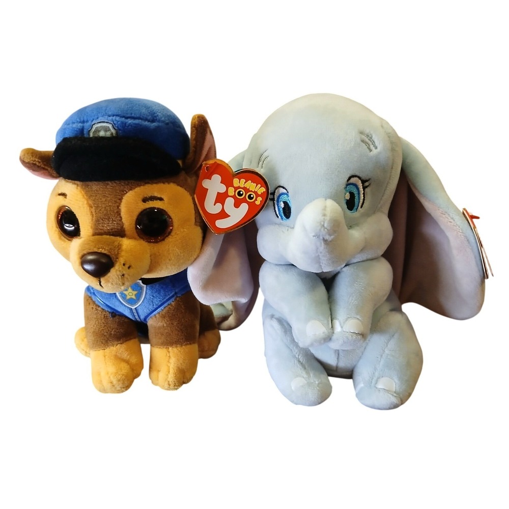NWT Ty Bundle •2 -DUMBO & -Paw Patrol Chase Police Dog Soft Plush Stuffed #Ty17